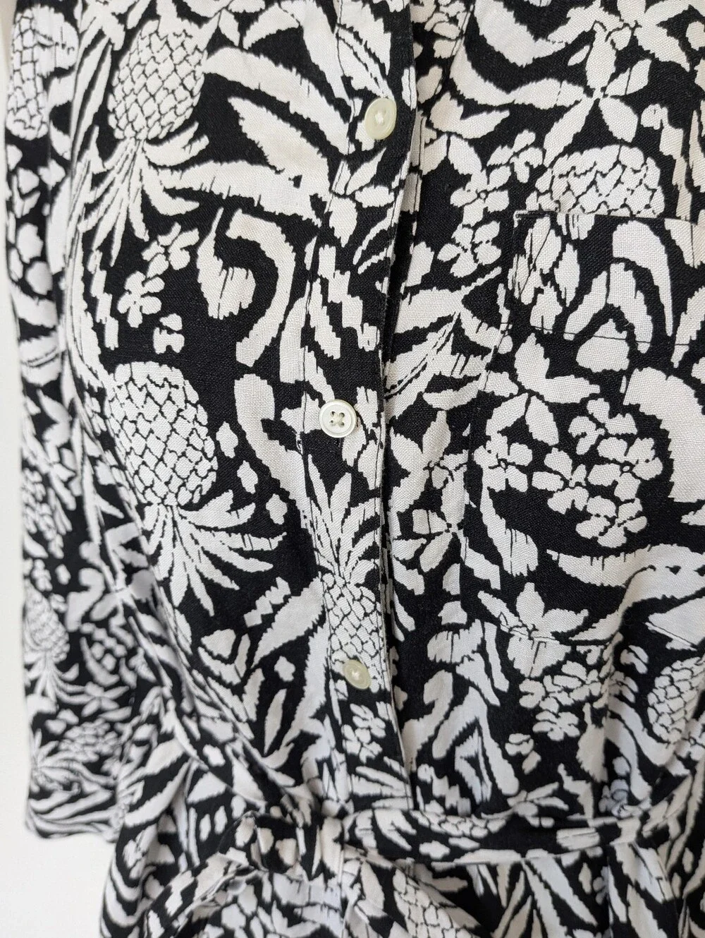 LOFT Linen Blend Maxi Shirt Dress Black & White Pineapple Sz 10 P Long Sleeve